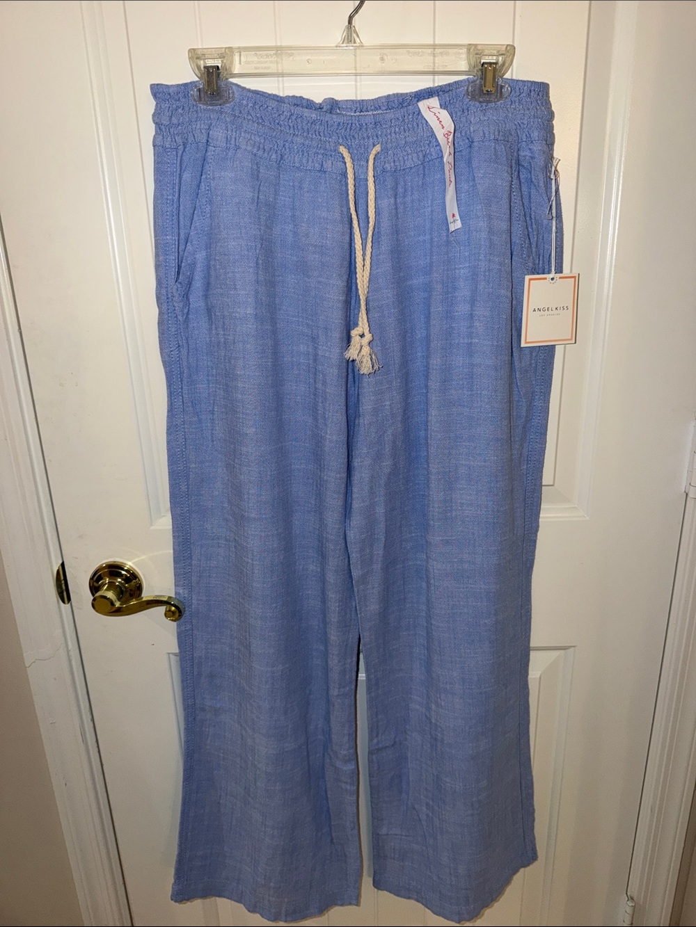 Angel Kiss Men's Light Blue Drawstring Wide-Leg Linen-Blend Joggers